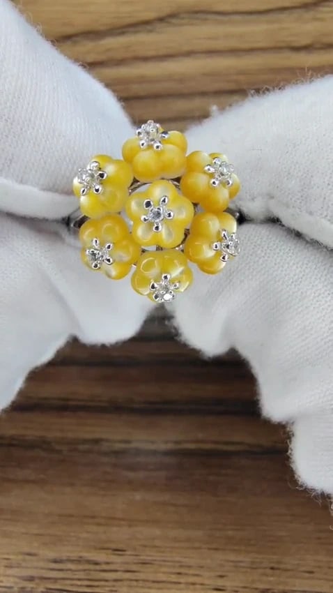 Daisy Cluster Mother of Pearl Ring .10ct Natural Diamonds 18k gold** - 2
