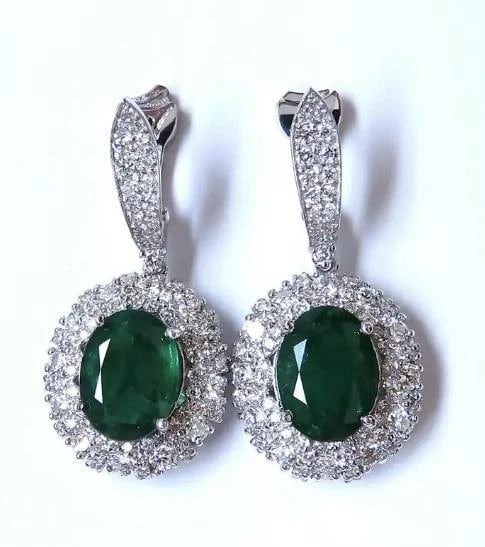 8.35ct Natural Oval Emeralds Diamond Dangle Earrings 18kt Halo Cluster 12643** - 7