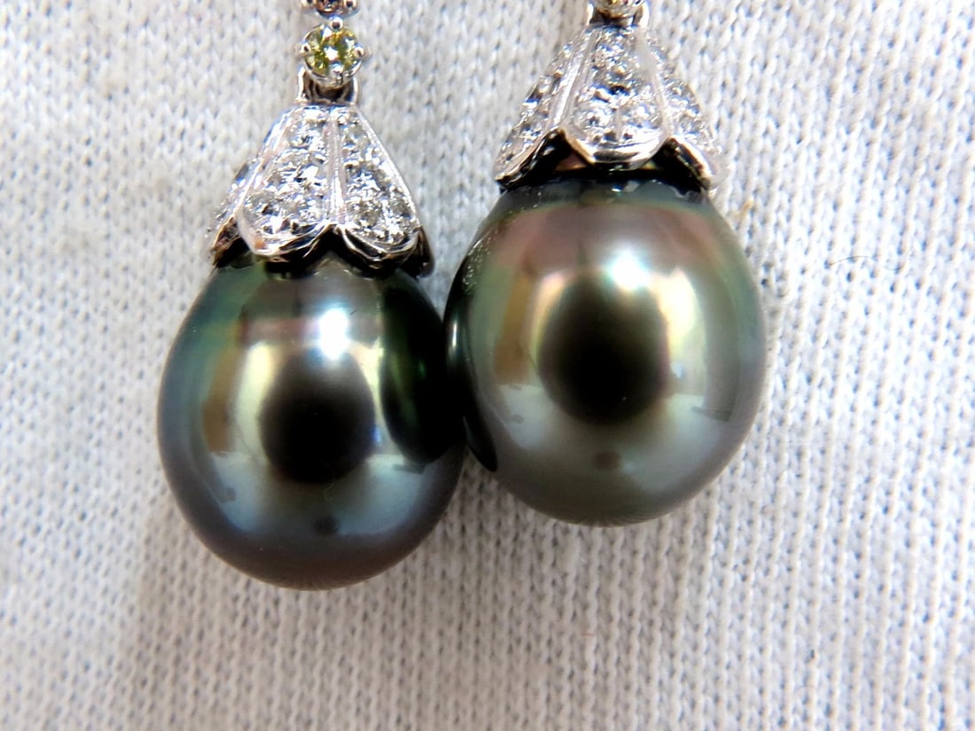 12.70mm NATURAL TAHITIAN PEARLS DANGLE COLOR DIAMOND EARRINGS 14KT** - 2
