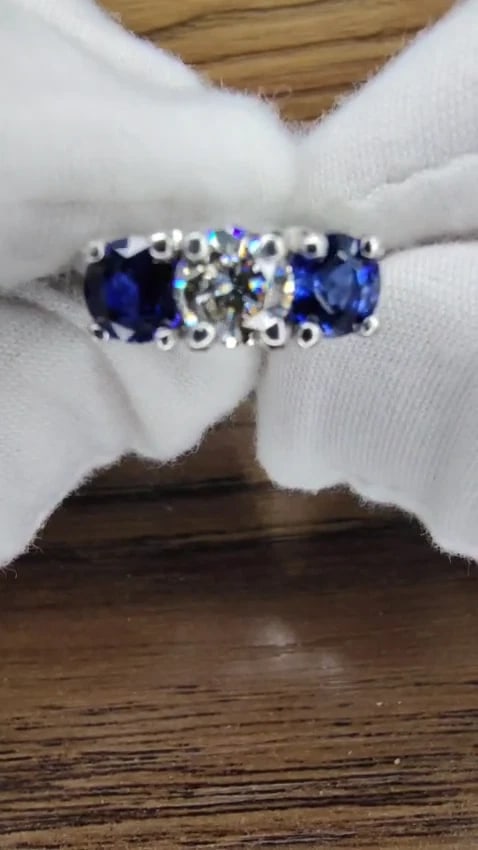2.48ct natural sapphires diamond three stone ring 14kt royal blue *v - 2