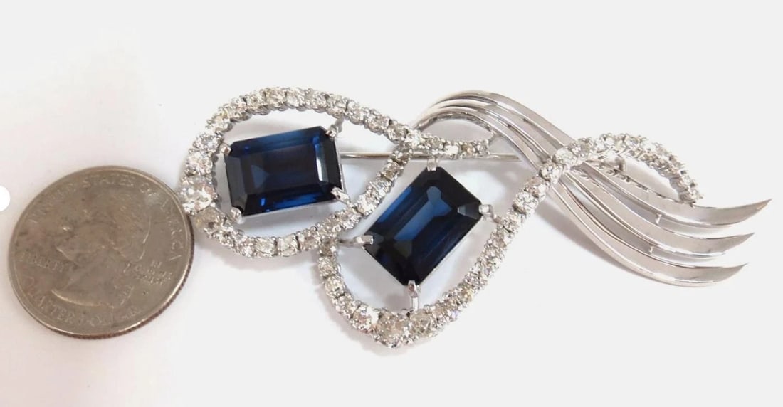 25ct Royal Blue Lab Sapphire and Natural Diamonds Brooch pin Platinum 12237** - 2
