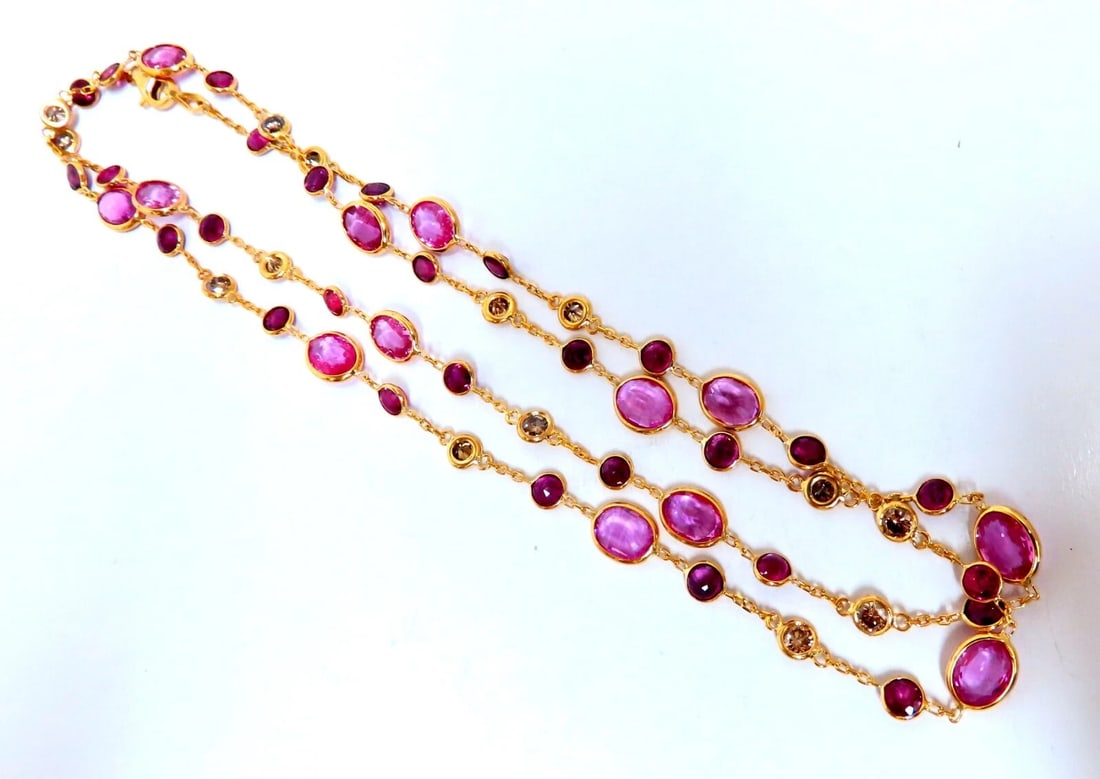 26.45ct natural vivid pink sapphires Ruby diamond yard station necklace 14kt ** - 2