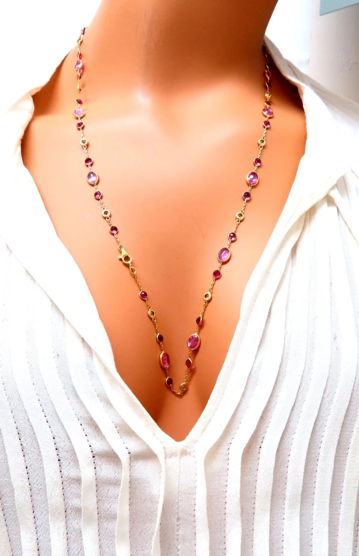 26.45ct natural vivid pink sapphires Ruby diamond yard station necklace 14kt ** - 7