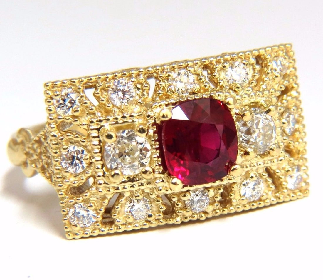 GIA 2.31CT NATURAL CUSHION VIVID RED RUBY DIAMONDS BYZANTINE RING 18KT GOLD*v: Byzantine Revival Red Prime No Heat Ruby 1.31ct. Natural GIA Certified Ruby Ring GIA Certified Report ID: 5151273363 6.75 X 6.25 X 3.40mm Full cut cushion brilliant Clean Clarity and Transparent The V