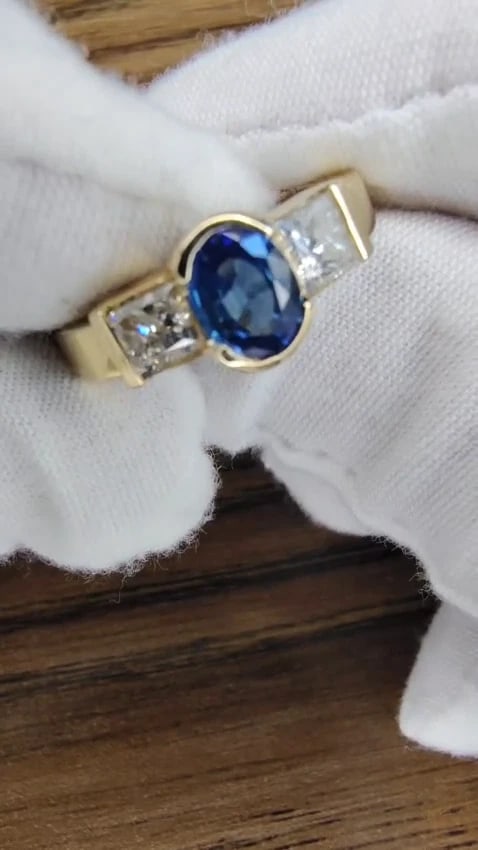 2.00ct natural sapphires diamond three stone ring 14kt royal blue *v - 2