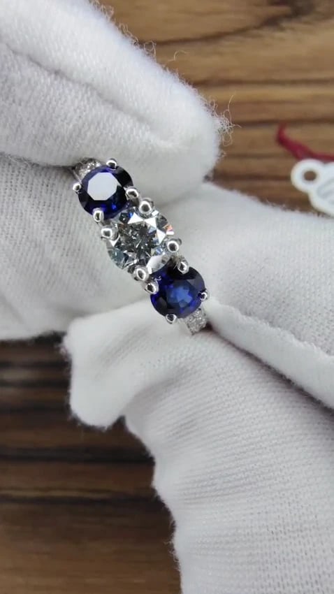 1.85ct NATURAL BLUE SAPPHIRE DIAMONDS RING 14KT CLASSIC THREE BEAD SET *v - 2