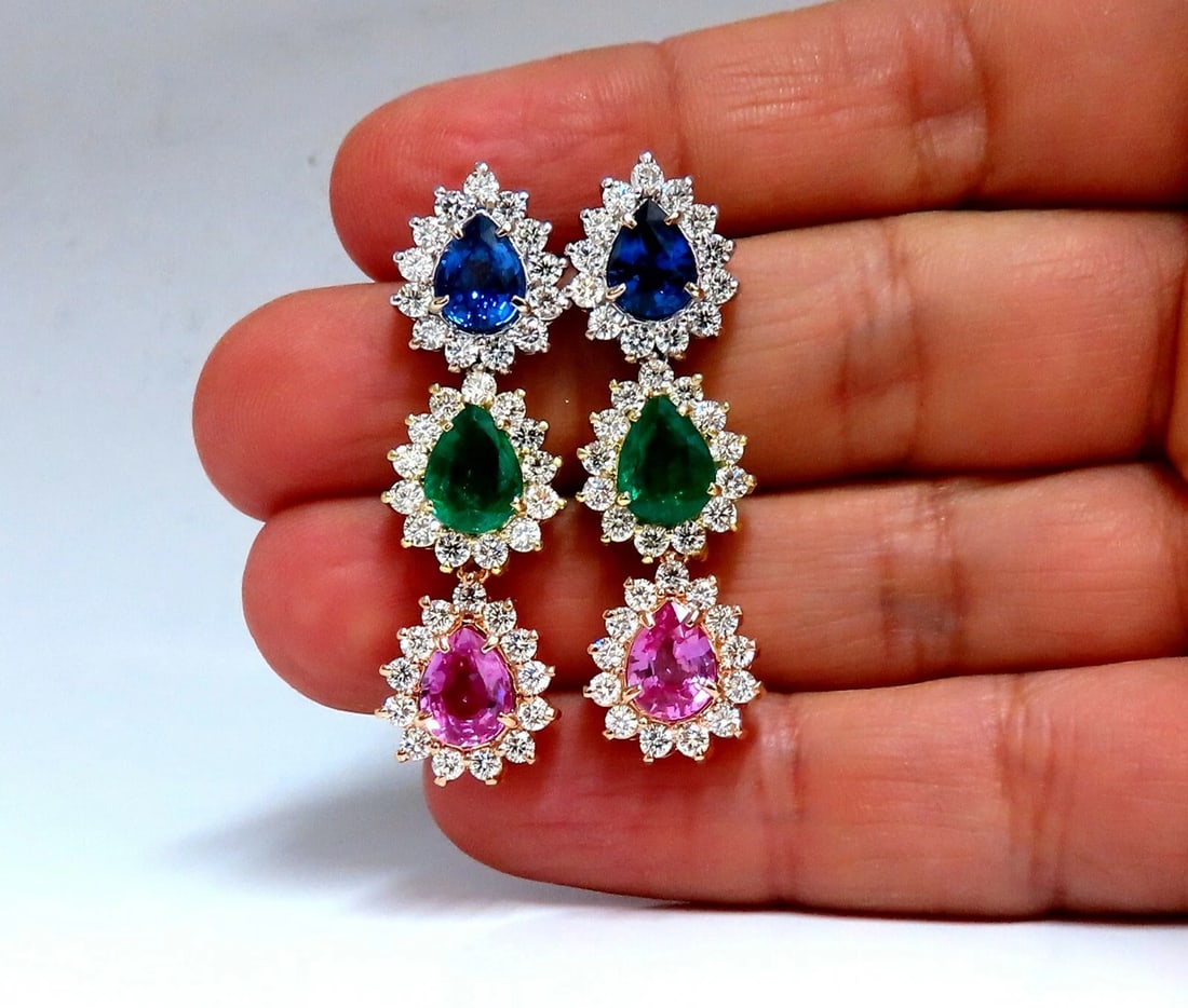 13.24ct Natural Emeralds and Sapphires Three Tier Dangle Earrings 18 Karat Pears** - 5
