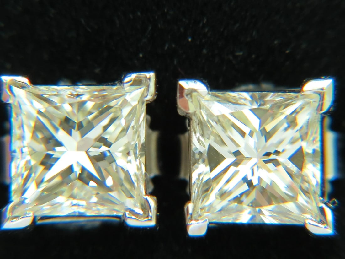 2.00CT NATURAL PRINCESS CUT DIAMOND STUD EARRINGS J/SI-1 14KT** - 2