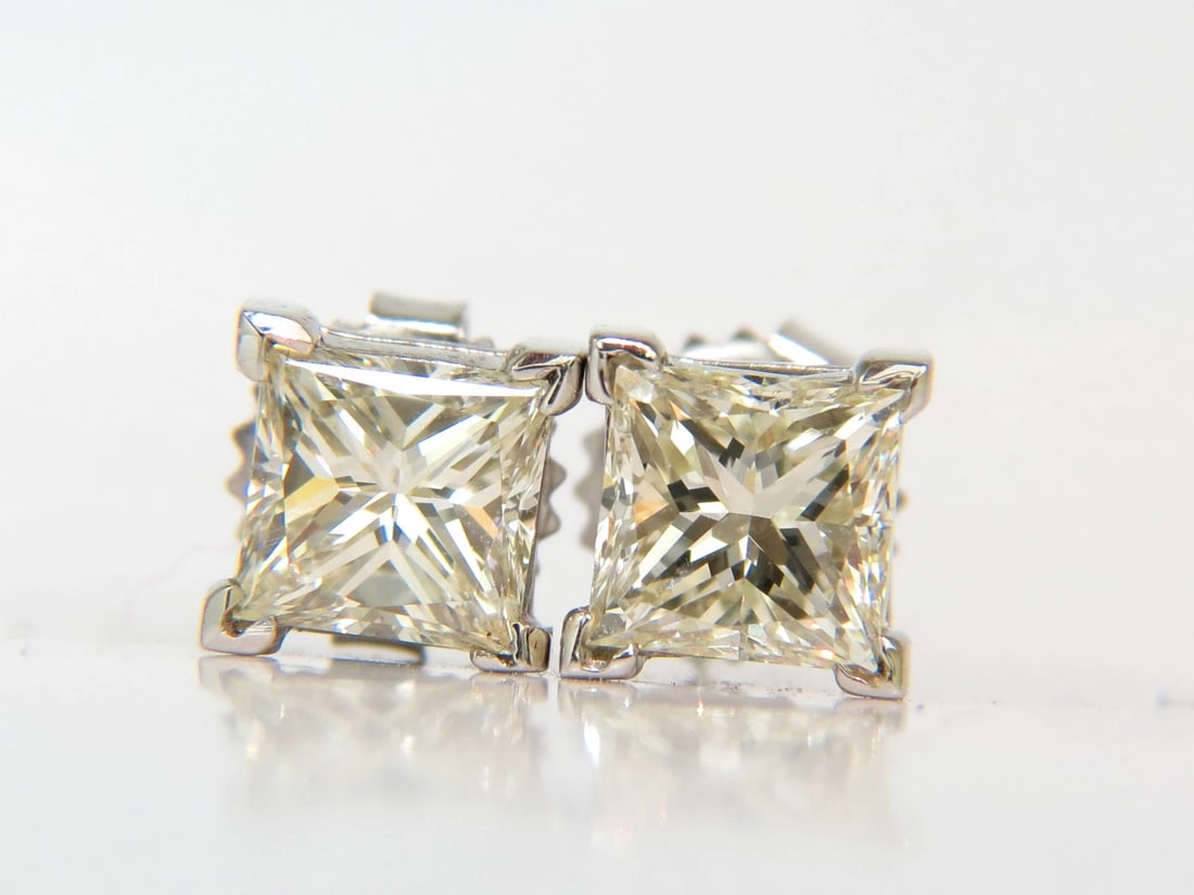 2.00CT NATURAL PRINCESS CUT DIAMOND STUD EARRINGS J/SI-1 14KT** - 7