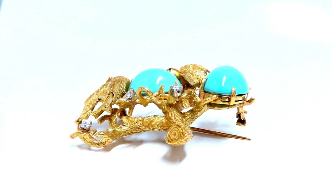 Vintage Bird Nest Eggs 20ct Turquoise 18kt Brooch High Intricate** - 4