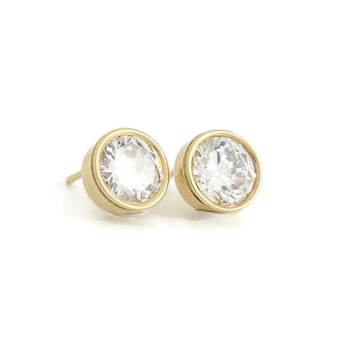 Vintage Round Bezel CZ Cubic Zirconia Stud Earrings 14K Yellow Gold, 2.32 Grams - 2