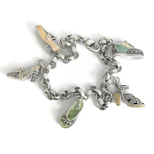 Vintage Judith Jack Enamel Shoe Charm Bracelet Sterling Silver, 27.47 Grams: Vintage Judith Jack Enamel Shoe Charm Bracelet Sterling Silver, 27.47 Grams This is such a unique bracelet! Please let us know if you have any questions. Brand: Judith Jack Enamel: pastel colors Gemst