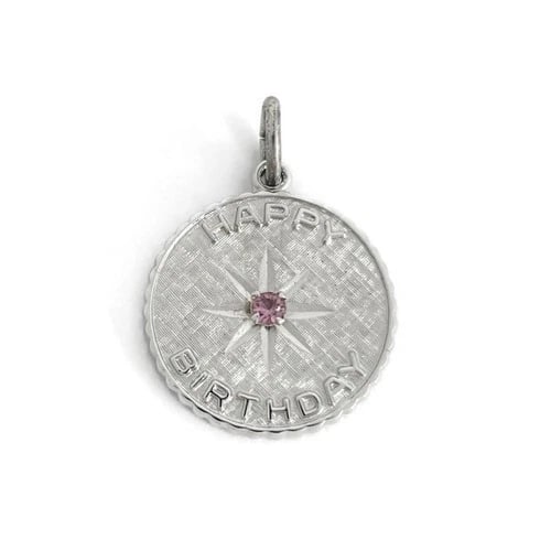 Vintage 1980's Happy Birthday Charm Pendant Silver, 3.22 Grams: Vintage 1980's Happy Birthday Charm Pendant Silver, 3.22 Grams These is such an lovely pendant. Please let us know if you have any questions. Circa: 1980's Gemstone: 1 round pink quartz, .01 ct