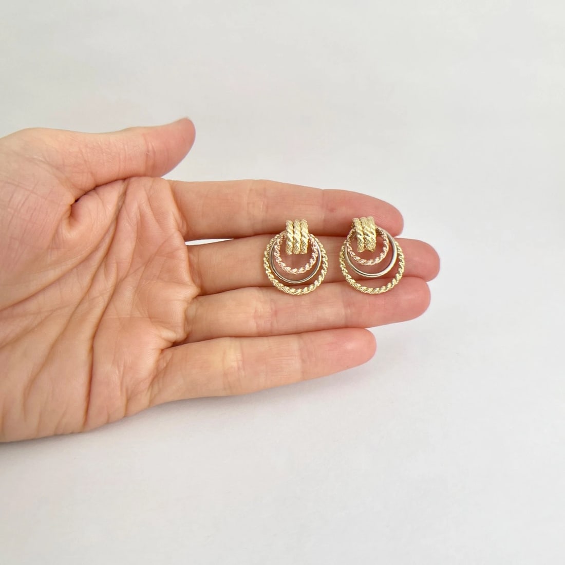 Vintage Tri-Color Circle Dangle Drop Earrings 14K Yellow Rose White Gold 3.34 Gr - 3
