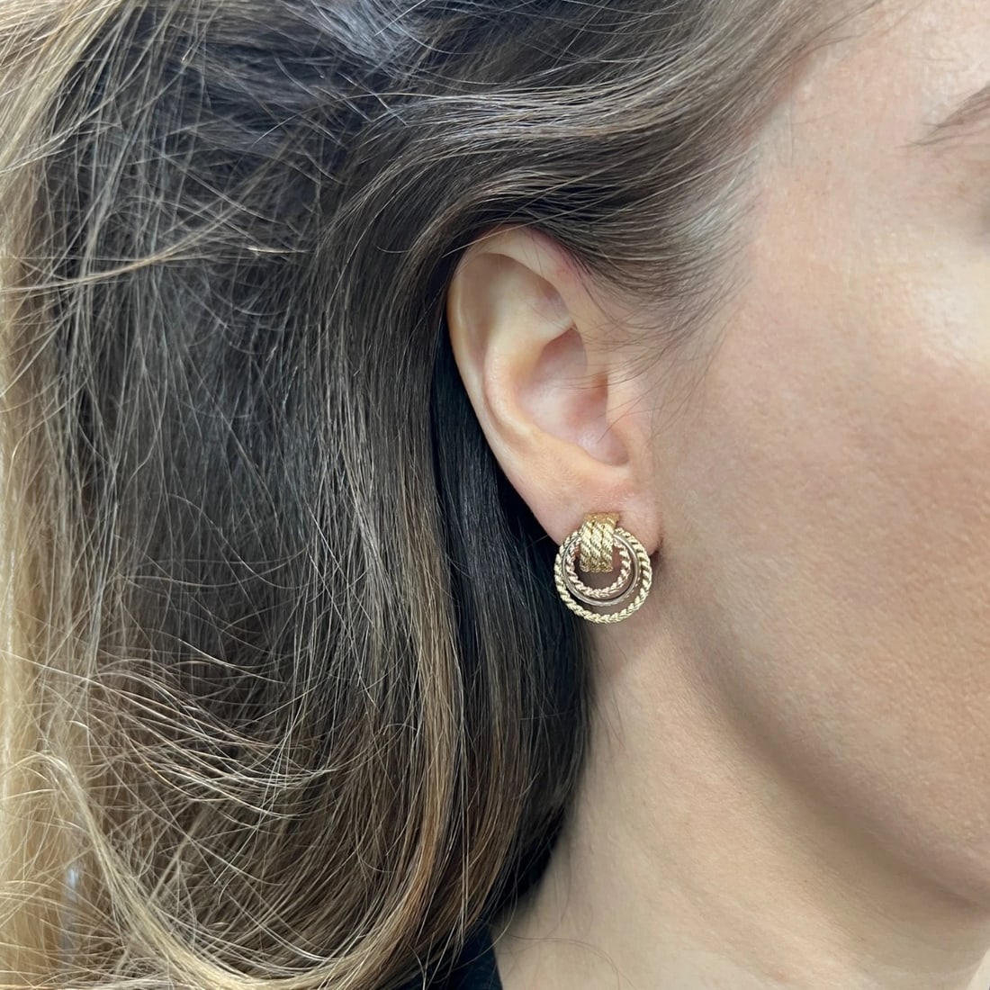 Vintage Tri-Color Circle Dangle Drop Earrings 14K Yellow Rose White Gold 3.34 Gr - 6