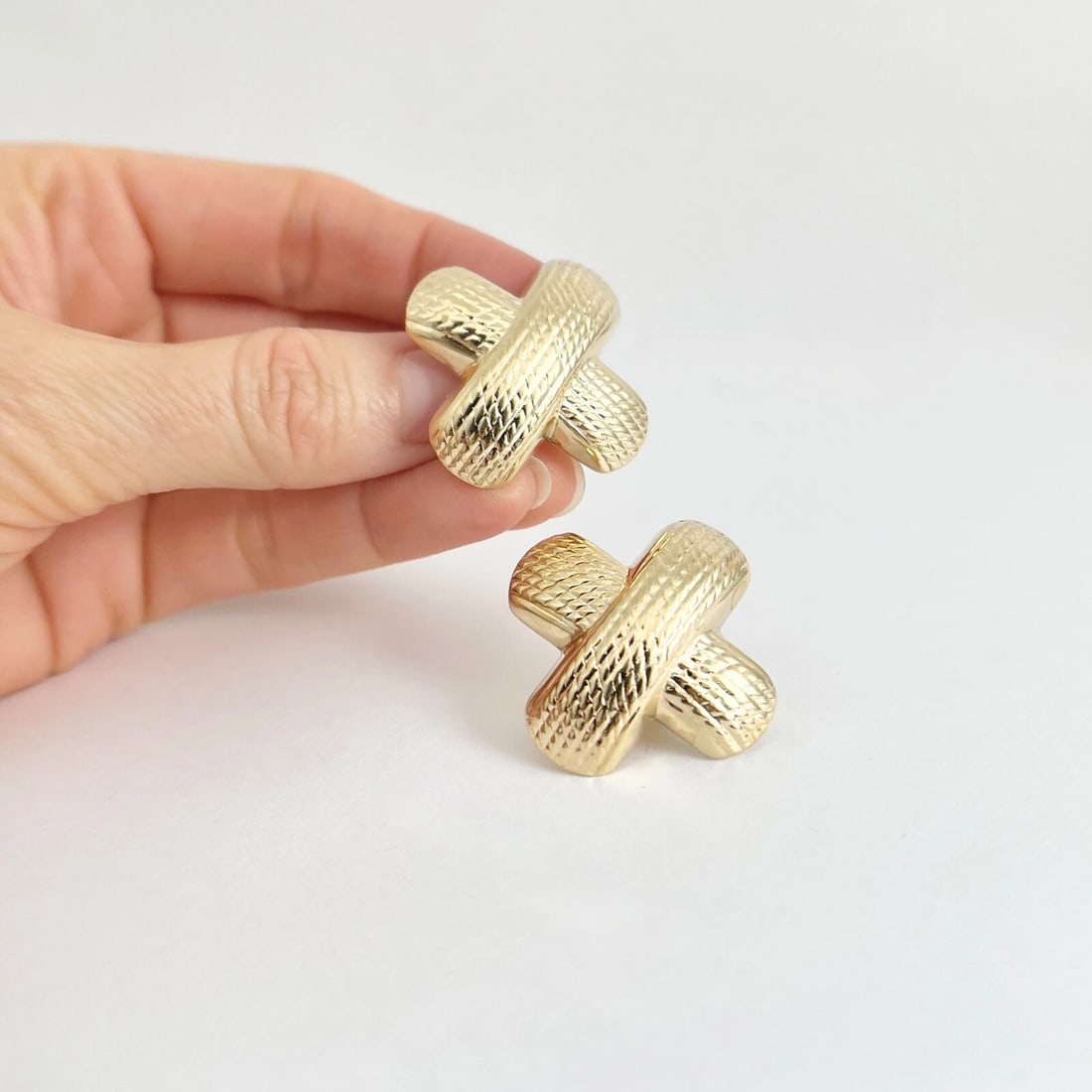 Vintage X Crisscross Textured Drop Earrings 14K Yellow Gold, 9.81 Grams - 3