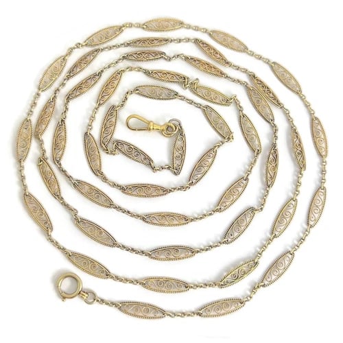 Antique Victorian Long Filigree Guard Chain Necklace 21K Yellow Gold, 39.06 Gram: Antique Victorian Long Filigree Guard Chain Necklace 21K Yellow Gold, 39.06 Gram This is a gorgeous antique necklace! Please let us know if you have any questions. Circa: Late Victorian, 1885 - 1901