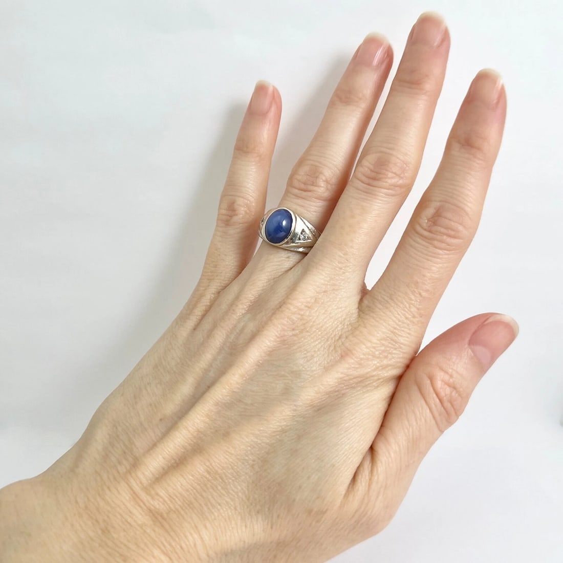 Vintage 1960s Blue Lab-Created Star Sapphire Diamond Ring 14K White Gold 6.07 Gr - 6