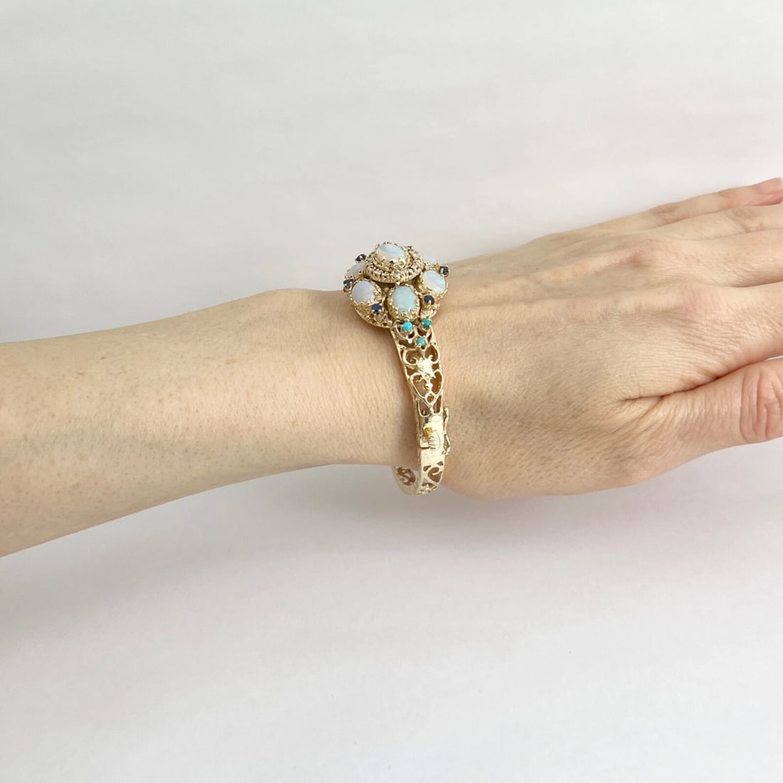 Vintage 1950's Opal Diamond Turquoise Bangle Bracelet 14K Yellow Gold, 24.99 Gr - 5