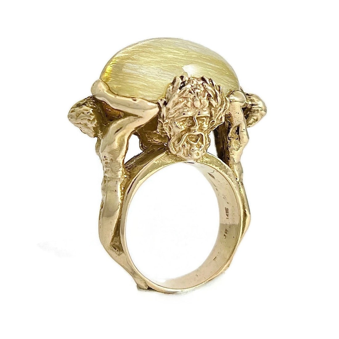 Vintage 1960's Pale Green Quartz Man Face Body Ring 13K Yellow Gold, 13.13 Grams - 2