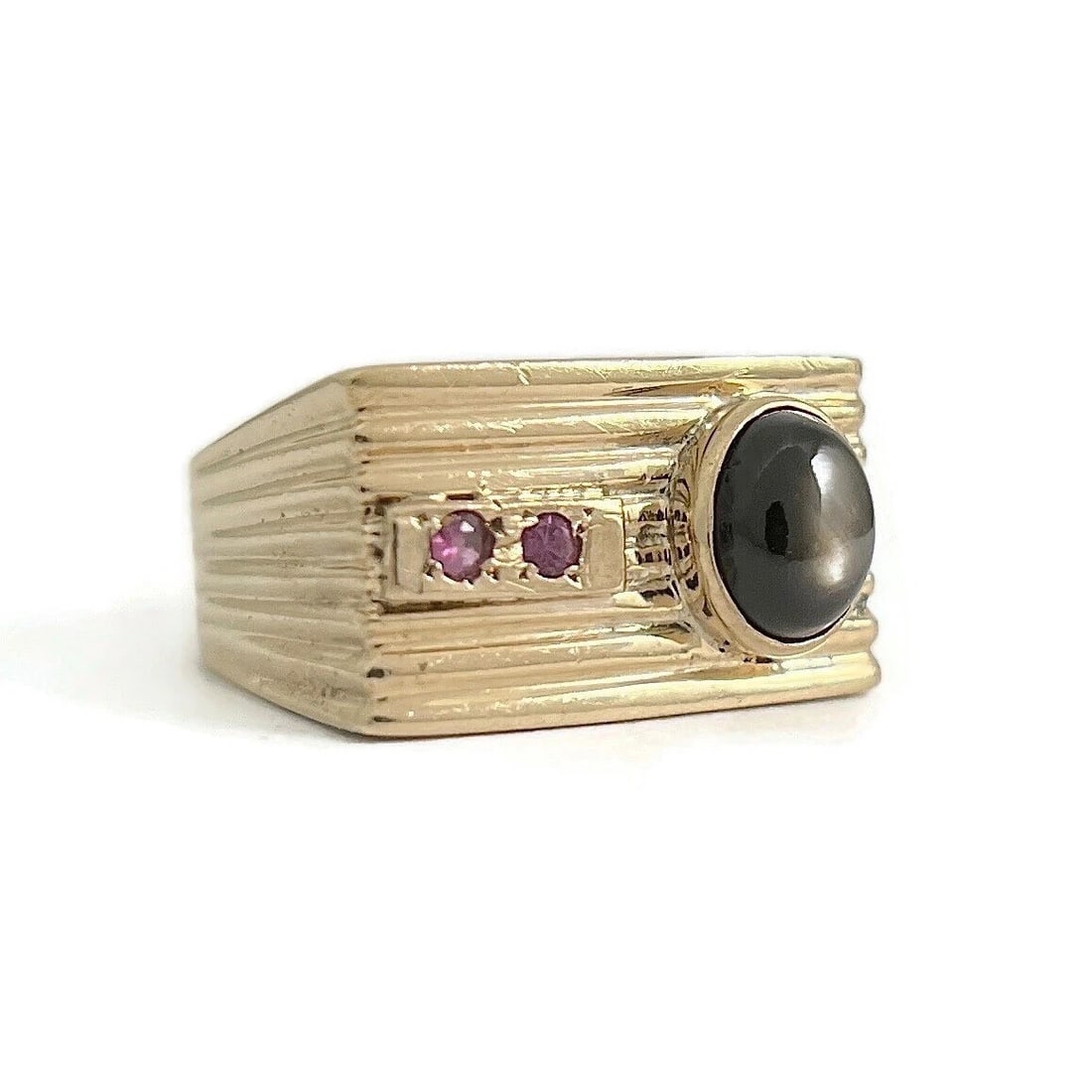 Vintage 1940's Black Star Sapphire Ruby Flat Top Ring 9K Yellow Gold, 6.88 Grams - 2