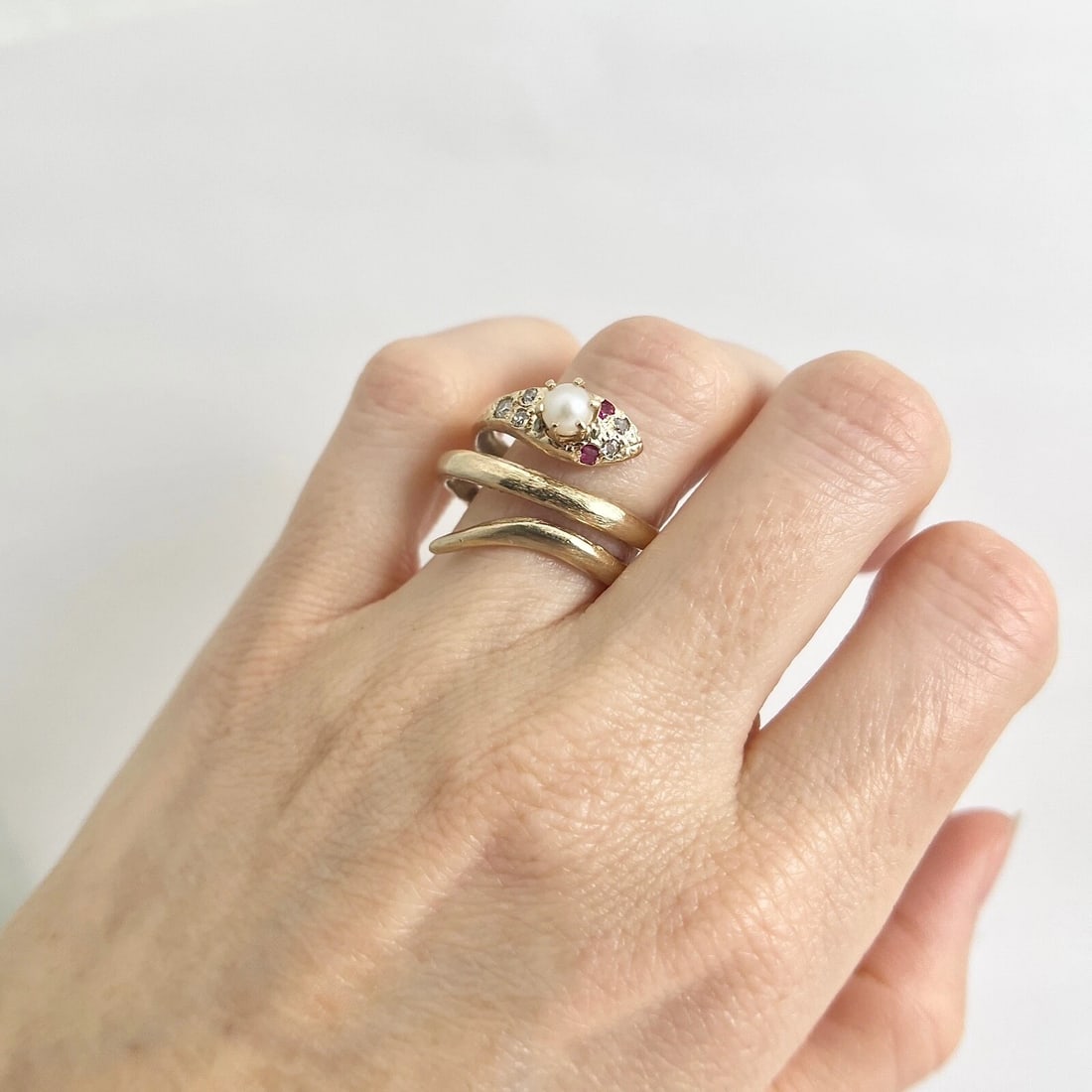 Antique Art Nouveau Snake Pearl Diamond Cocktail Ring 14K Yellow Gold, 7.01 Gr - 6