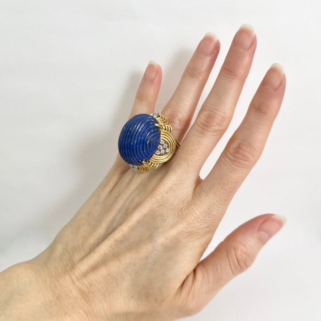 Vintage 1960's Blue Lapis Lazuli Diamond Cocktail Ring 14K Yellow Gold, 22.93 Gr - 4