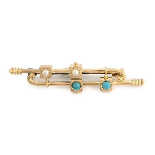 Antique Art Deco Long Cabochon Turquoise Pearl Brooch 14K Yellow Gold, 5.21 Gr: Antique Art Deco Long Cabochon Turquoise Pearl Brooch 14K Yellow Gold, 5.21 Gr This is a beautiful one-of-a-kind brooch. Please let us know if you have any questions. Circa: 1915 - 1920's, Art Deco Ge