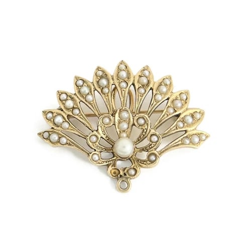 Vintage 1930's Seed Pearl Fan Brooch Pin Pendant 14K Yellow Gold, 7.19 Grams (1 of 7)