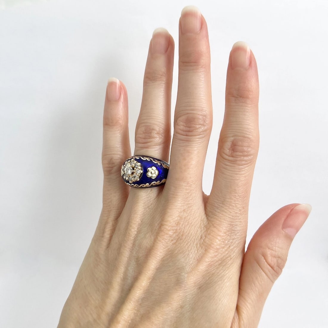 Vintage 1950's Blue Enamel Diamond Flower Cocktail Ring 14K Yellow Gold 11.15 Gr - 4
