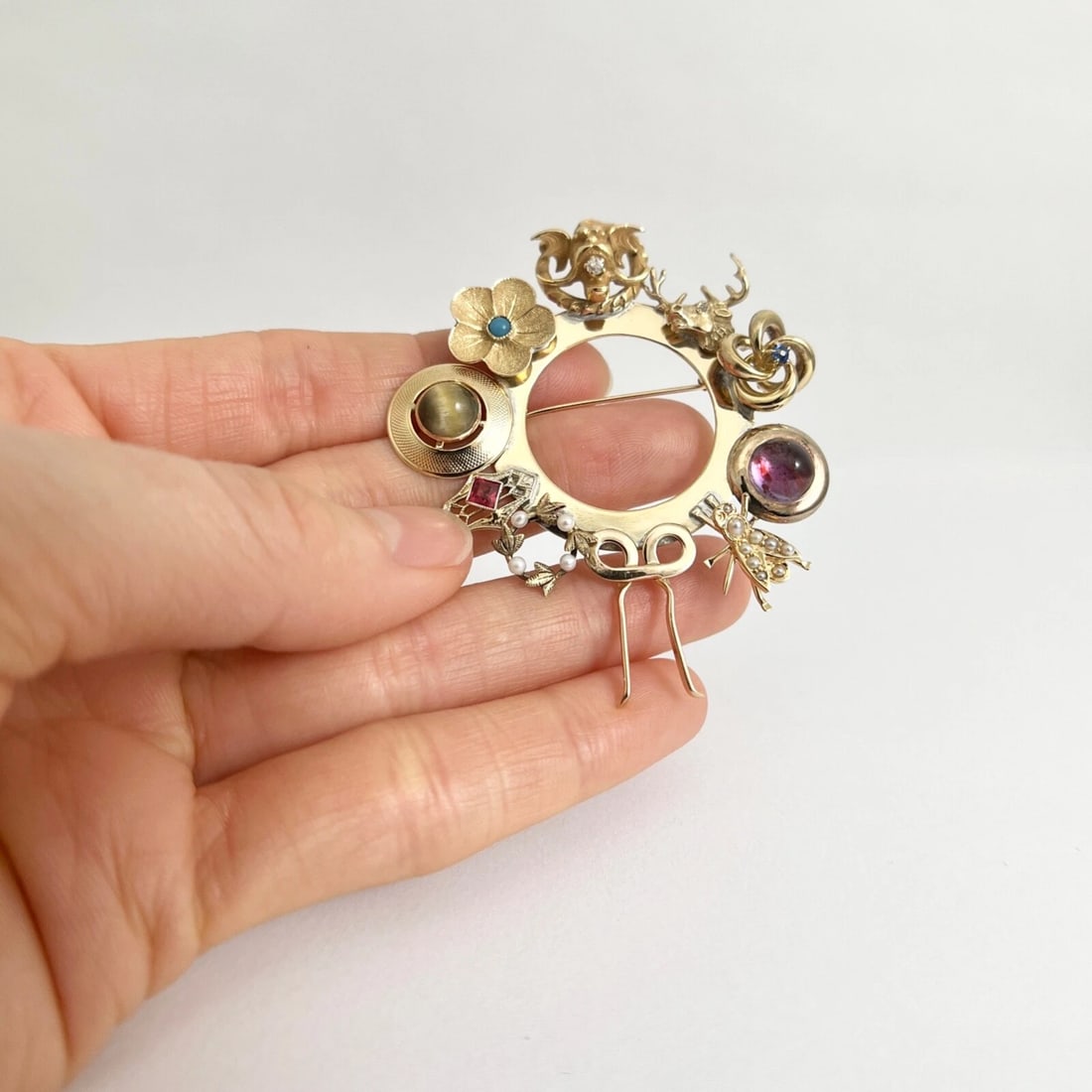 Vintage Hodgepodge Collection Gemstone Pearl Brooch 14K Yellow Gold, 13.66 Gr - 4