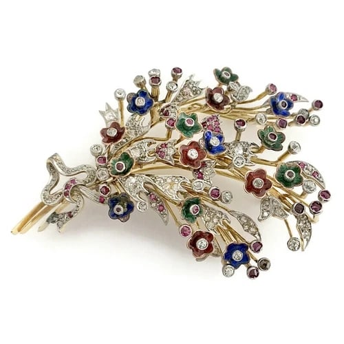 Antique Victorian Enamel Diamond Flower Spray Brooch 18K Yellow Gold, 34.49 Gram: Antique Victorian Enamel Diamond Flower Spray Brooch 18K Yellow Gold, 34.49 Gram This is a beautiful one-of-a-kind brooch. Please let us know if you have any questions. Circa: 1861 - 1901; Mid to Late