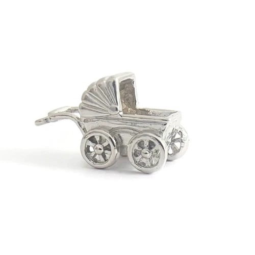 Vintage Baby Carriage Buggy Pram Bracelet Charm Pendant 14K White Gold, 3.61 Gr: Vintage Baby Carriage Buggy Pram Necklace Pendant Charm 14K White Gold, 3.61 Gr This is a gorgeous bracelet charm that could also be worn as a necklace pendant. Please let us know if you have any