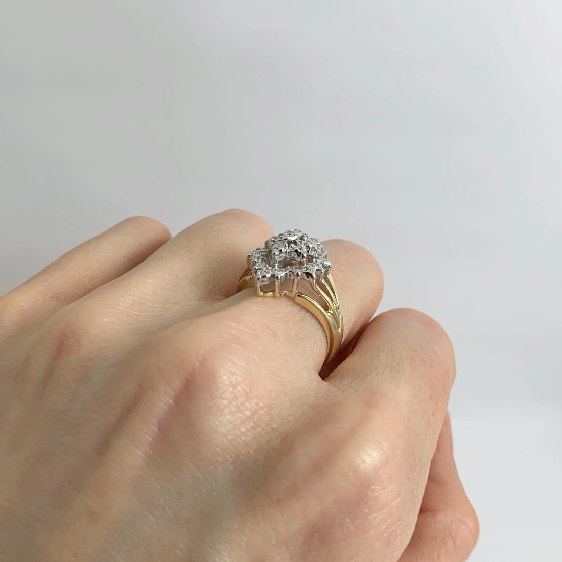 Vintage Diamond Cluster Two-Tone Statement Ring 14K Yellow White Gold, 4.18 Gram - 6