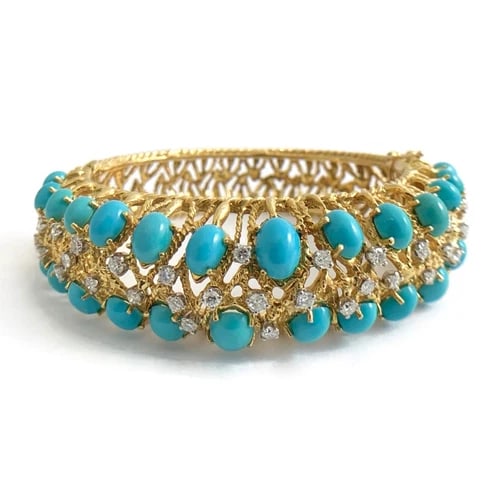 Vintage Cabochon Turquoise Diamond Bangle Bracelet 18K Yellow Gold, 73 Grams: Vintage Cabochon Turquoise Diamond Bangle Bracelet 18K Yellow Gold, 73 Grams This is a gorgeous vintage 1950's - 1960's bangle bracelet that will make a statement. Please let us know if you have any q