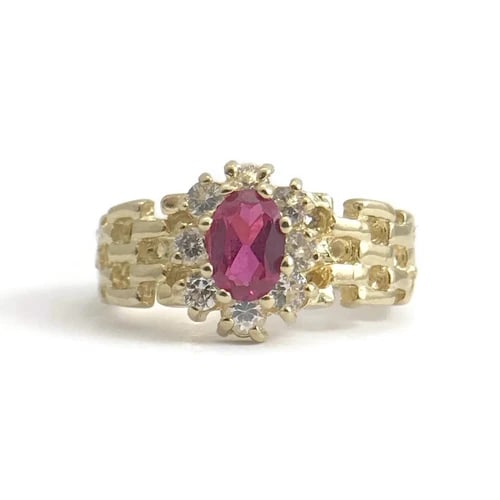 Vintage Simulated Ruby CZ Halo Gemstone Ring 10K Yellow Gold, .76 CTW, 3.41 Gram: Vintage Simulated Ruby CZ Halo Gemstone Ring 10K Yellow Gold, .76 CTW, 3.41 Gram This is a gorgeous unique ring! Please let us know if you have any questions! Gemstones: .76 ctw; 1 oval simulated ruby