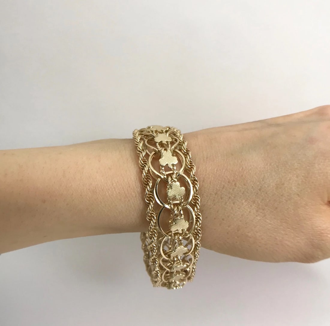 Vintage 1950's Wide Clover Rope Chain Bracelet 14K Yellow Gold, 37.14 Grams - 4