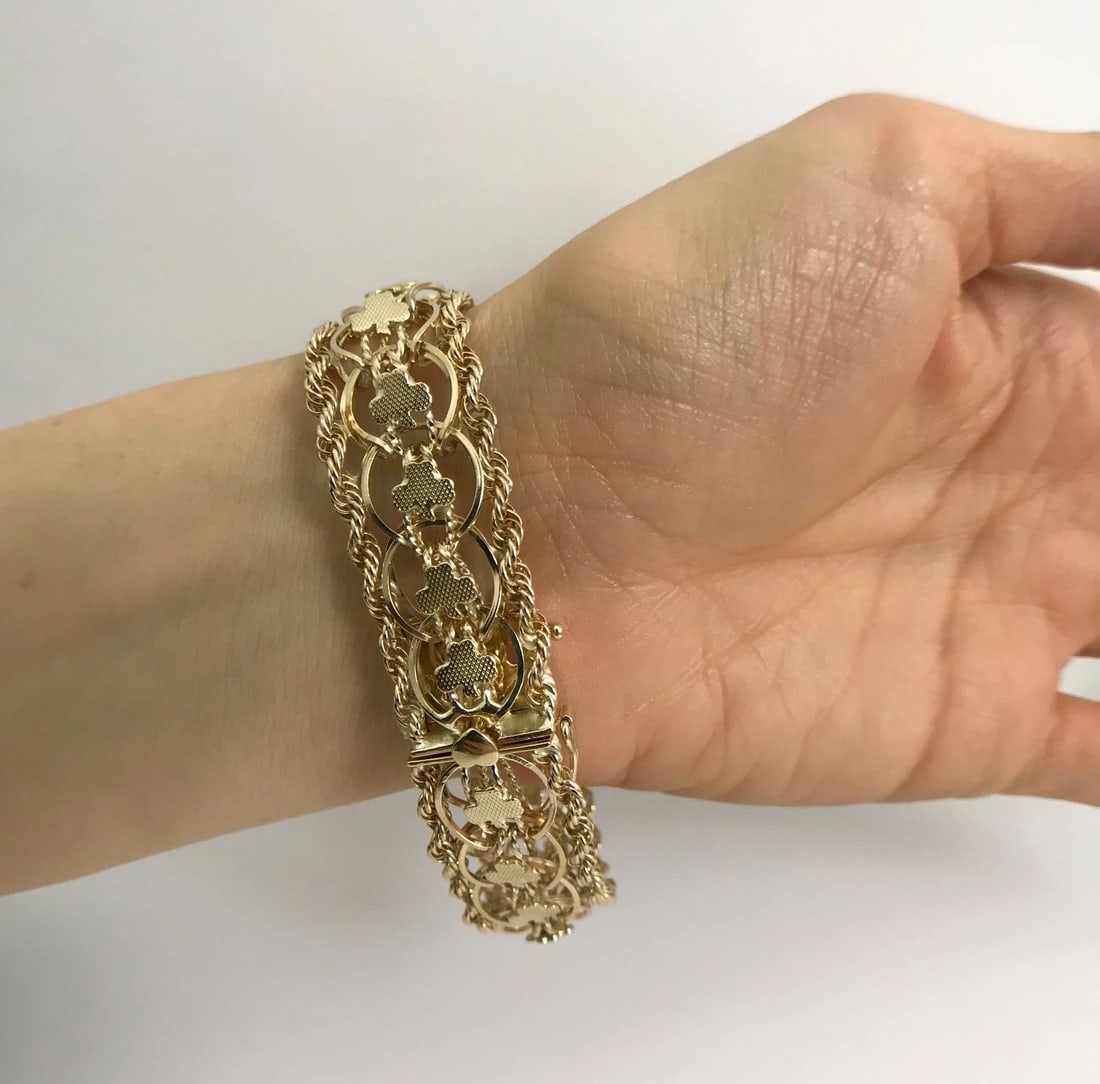 Vintage 1950's Wide Clover Rope Chain Bracelet 14K Yellow Gold, 37.14 Grams - 6