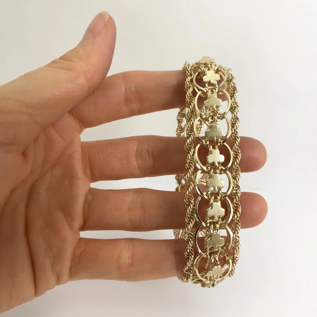 Vintage 1950's Wide Clover Rope Chain Bracelet 14K Yellow Gold, 37.14 Grams - 7