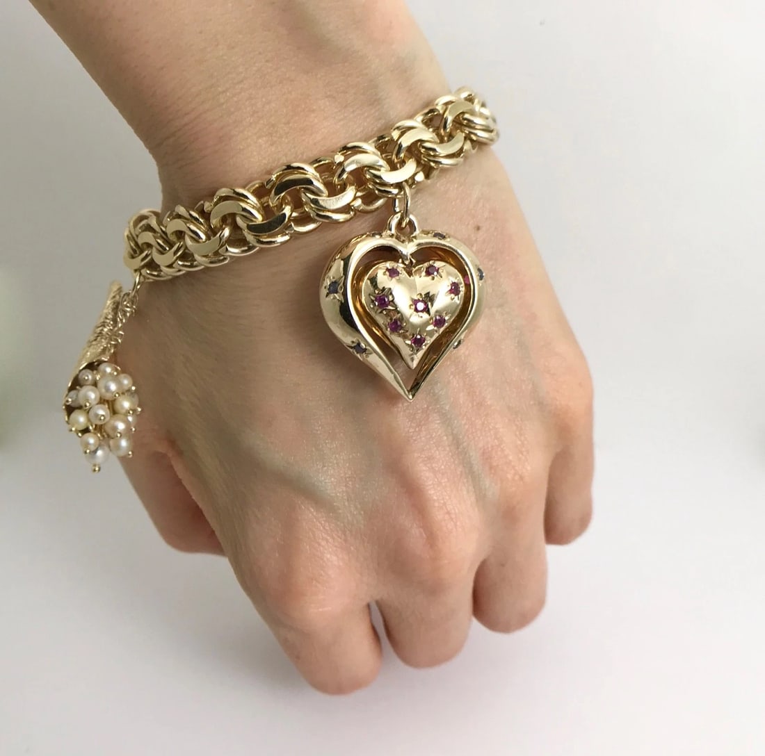 Vintage 1960's Pearl Dreamcatcher Heart Charm Bracelet 14K Yellow Gold, 81.9 Gr - 6