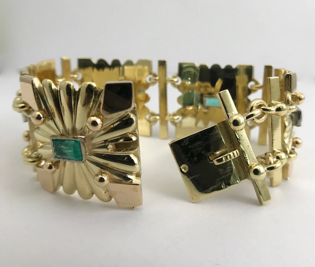 Antique Art Deco Green Emerald Square Link Bracelet 18K Yellow Gold, 92.51 Grams - 8