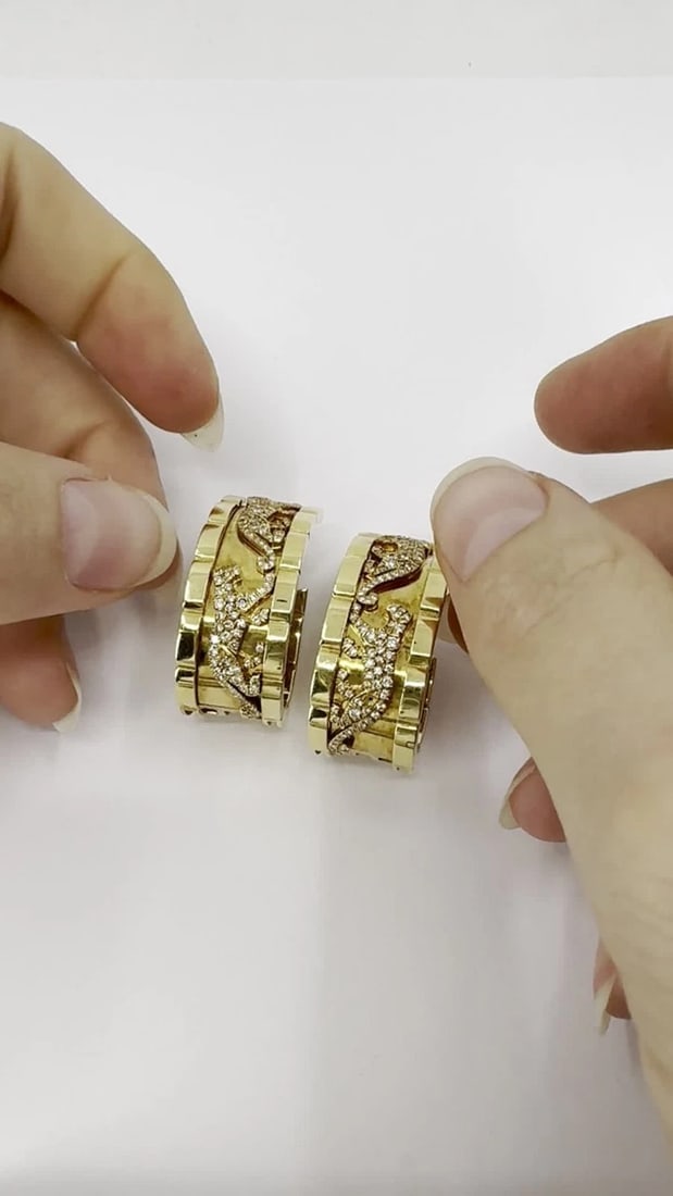 Vintage Cartier Walking Panthere 18k Gold Diamond Hoop Earrings - 2