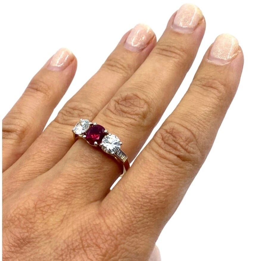 Vintage Three Stone Ring Gold Ruby and Diamond Engagement - 2