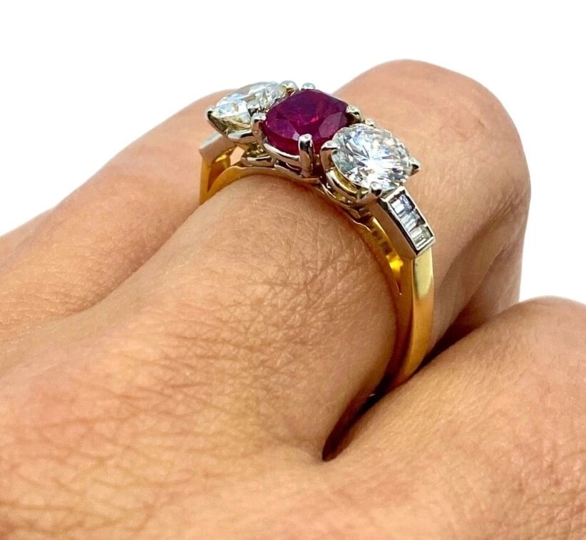 Vintage Three Stone Ring Gold Ruby and Diamond Engagement - 3