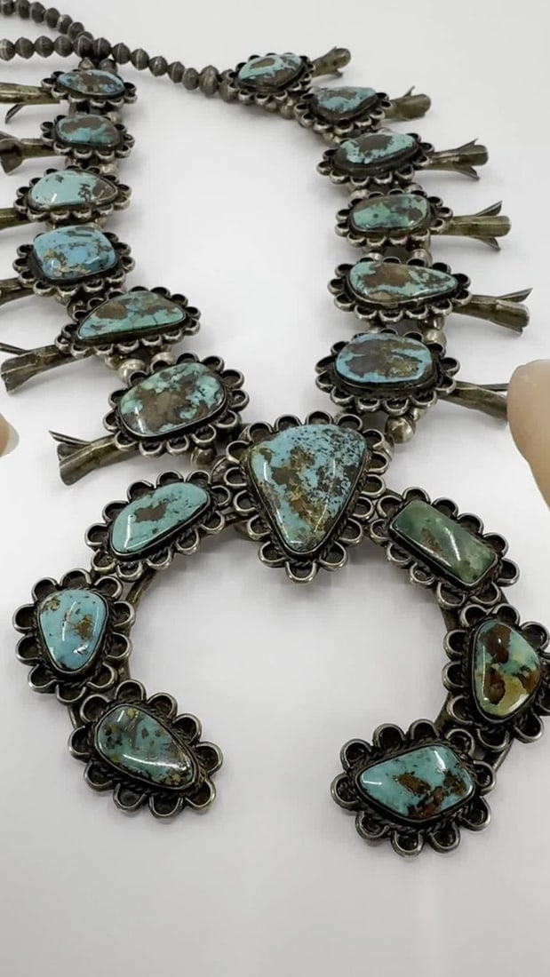 Navajo Sterling Silver Turquoise Signed Squash Blossom Necklace - 2