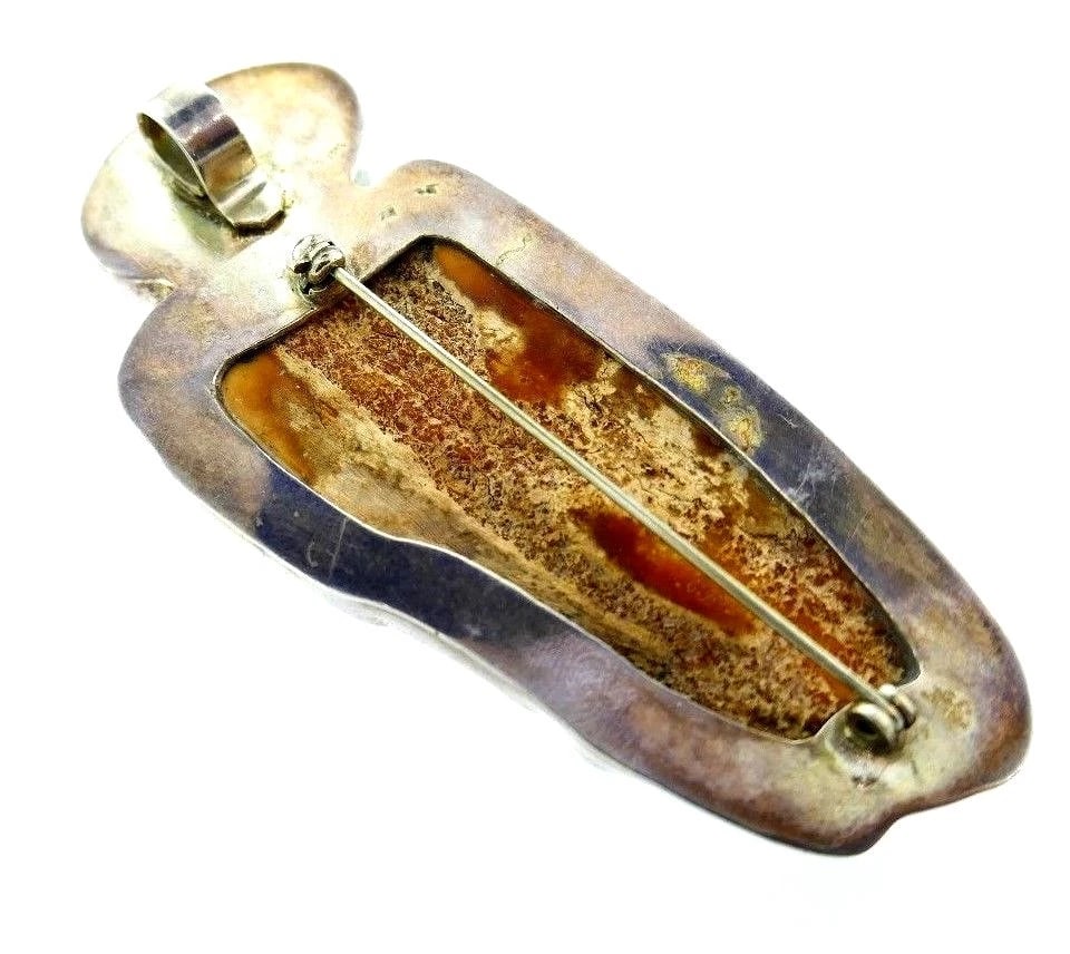 VINTAGE Silver, Carved Bakelite & Amber Reptile Motif Brooch - 3
