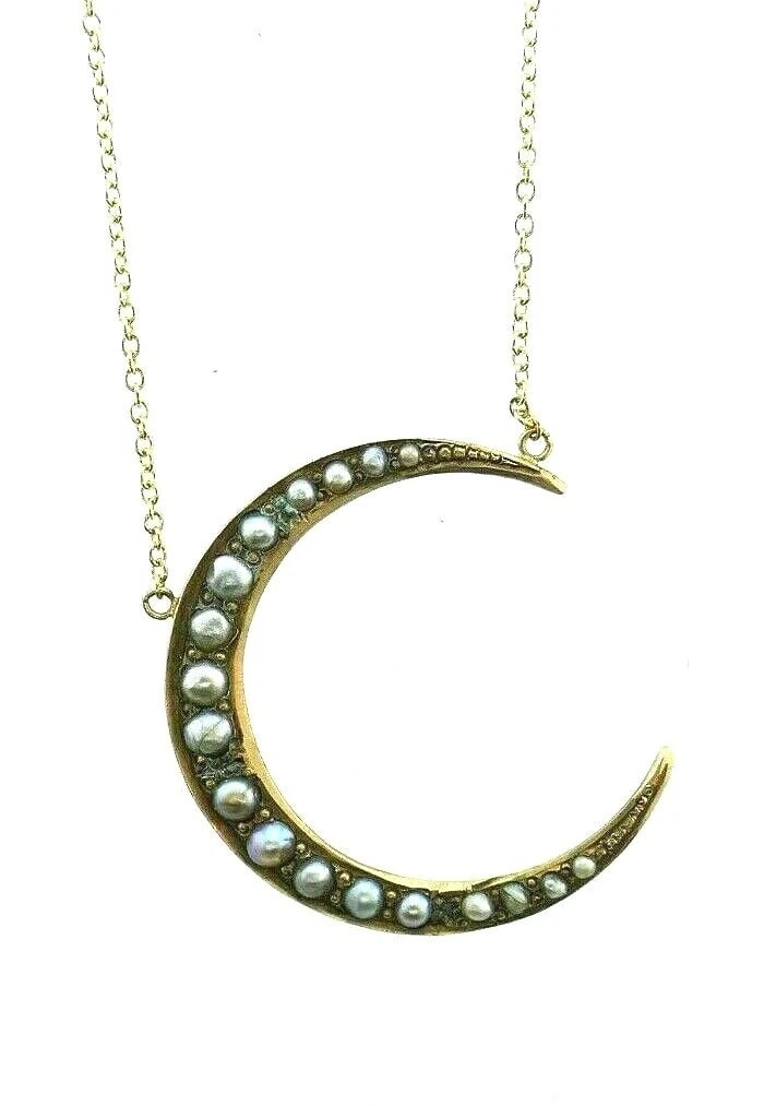 VICTORIAN 14k Rose Gold & Seed Pearl Crescent Moon Necklace Circa 1900s - 3