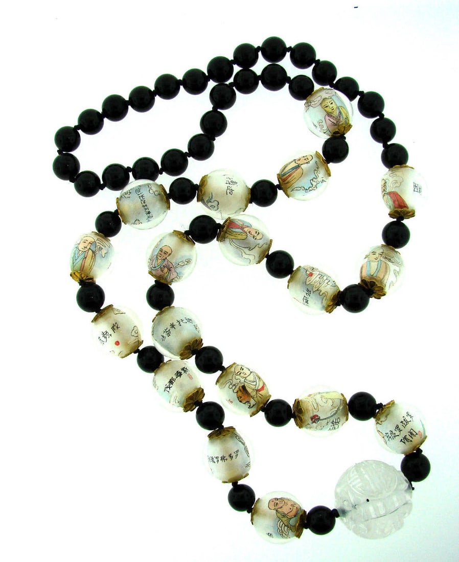 CHINESE BEAD NECKLACE PAINTINGS INSIDE BLACK WHITE NECKLACE - 5