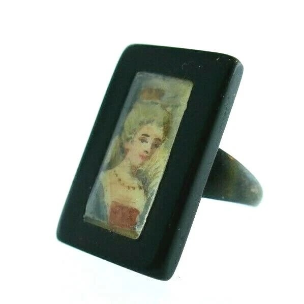 ANTIQUE Sterling Silver, Jet & Hand Painted Ring Circa 1900s - 2