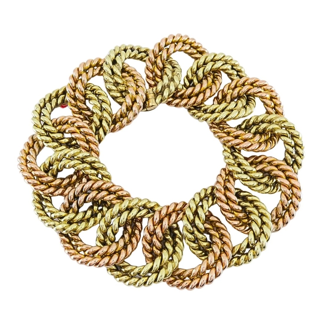 Verdura 14k Two-Tone Gold Rope Link Bracelet: Title: Verdura 14k Two-Tone Gold Rope Link Bracelet Description: ES JUOOO Product details: DESIGNER: Verdura CIRCA: 1960s MATERIALS: 14k Gold WEIGHT: 118.2 Grams MEASUREMENTS: 7/8" x 7 1/2" HALLMARKS: